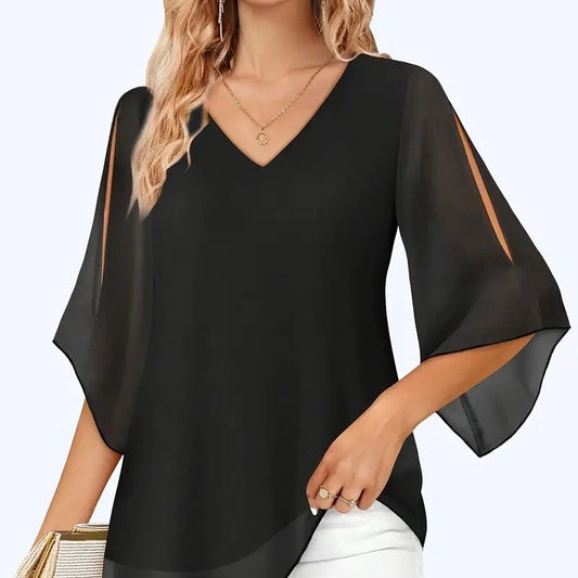 Liora Double-Layer Mesh V-Neck Top