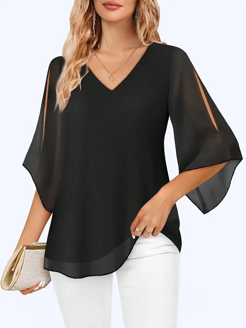 Liora Double-Layer Mesh V-Neck Top